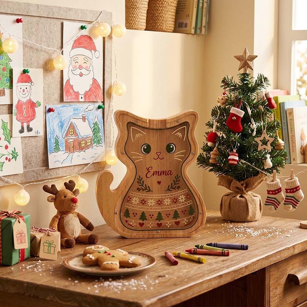 Personalized Wooden Cute Kitty Piggy Bank for Kids | MCGift432