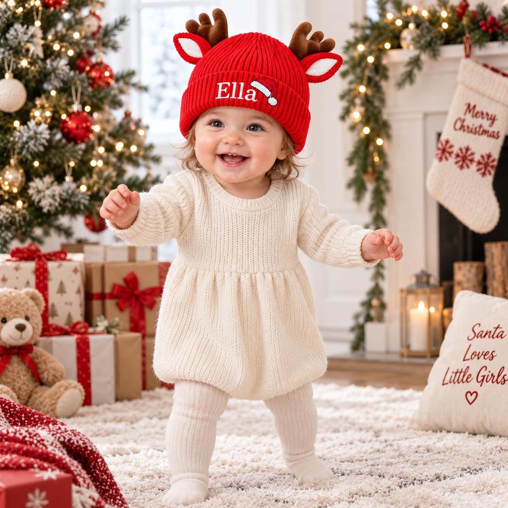 Personalized Embroidery Christmas Reindeer Beanie For Toddler Kids | MCGift429