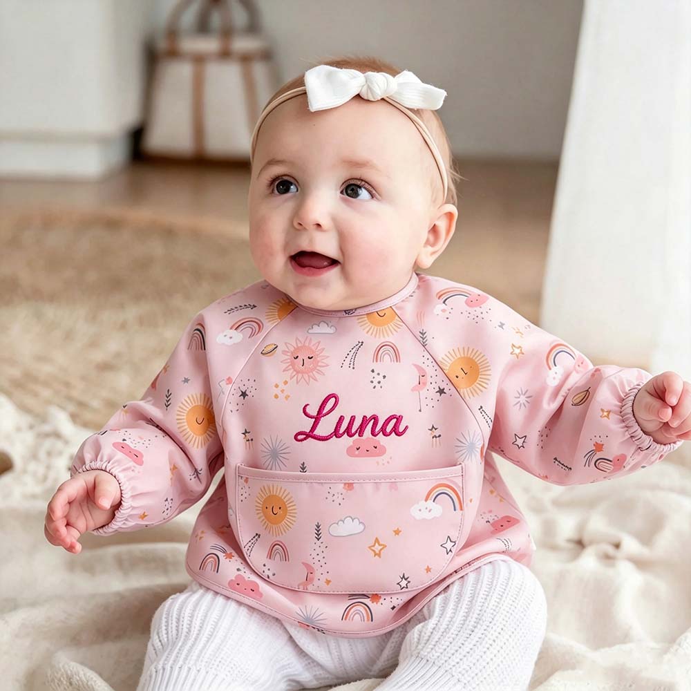 Personalized Embroidered Baby Bib Smock With Sleeves Feeding Cover | CWBaby561