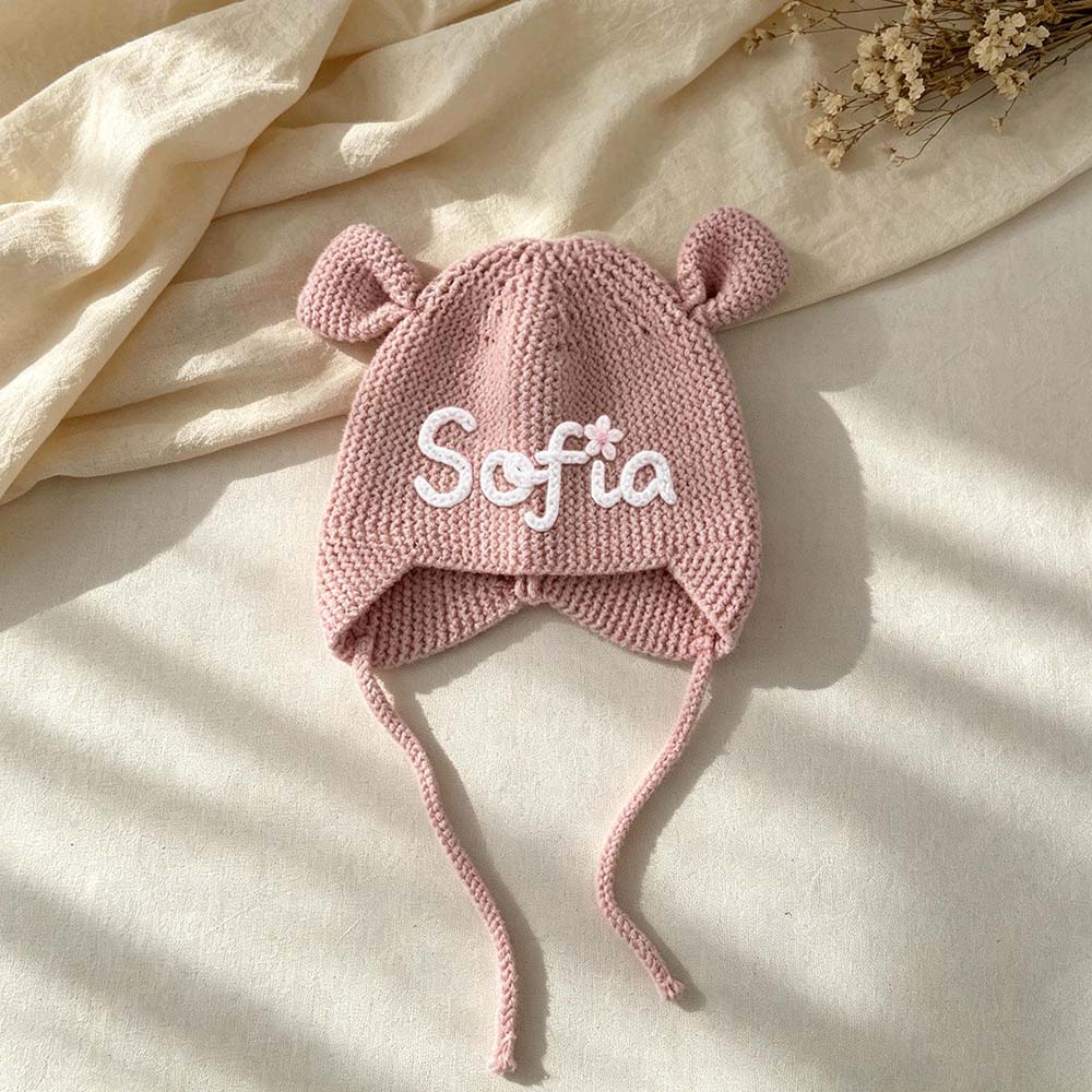 Personalized Hand Embroidered Bear Ears Baby Knit Beanie Hat | CWBaby563