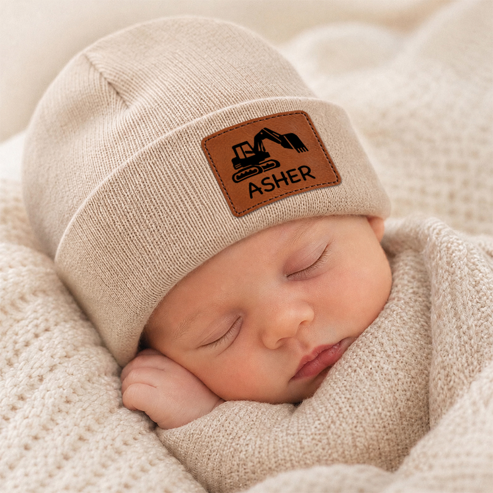 Personalized Kids Dinosaur & Excavator Leather Patch Beanie Hat | HSKid100