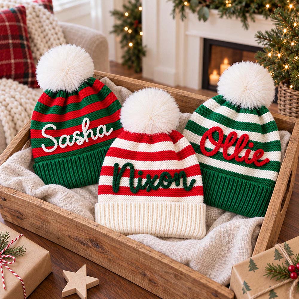 Personalized Hand Embroidery Kids Stripe Pom Pom Beanie Hat | MCGift441