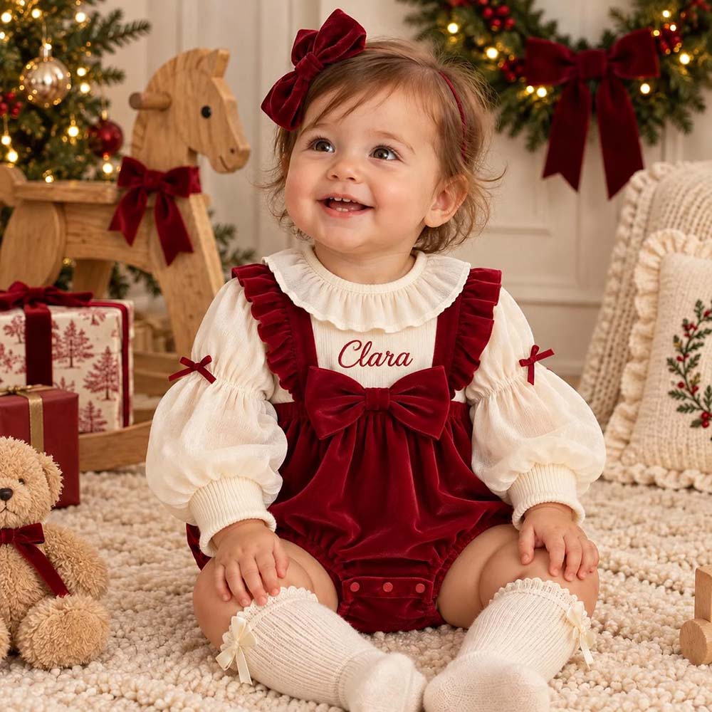 Personalized Embroidered Baby Burgundy Velvet Christmas Romper | CWBaby565