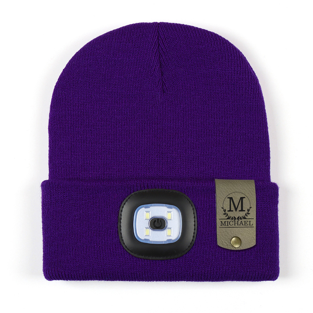 Personalized Kids Leather Tag Beanie with Headlamp | HSKid32