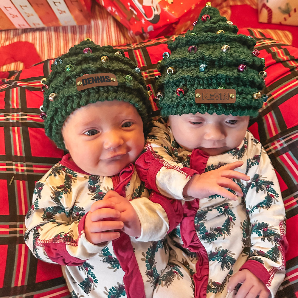 Personalized Leather Patch Christmas Tree Crochet Hat | MCGift51