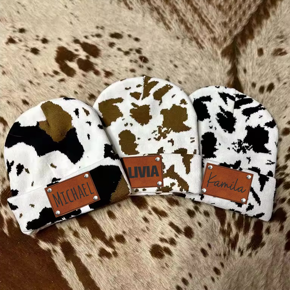 Personalized Leather Patch Cute Cow Warm Beanie | HSKid42