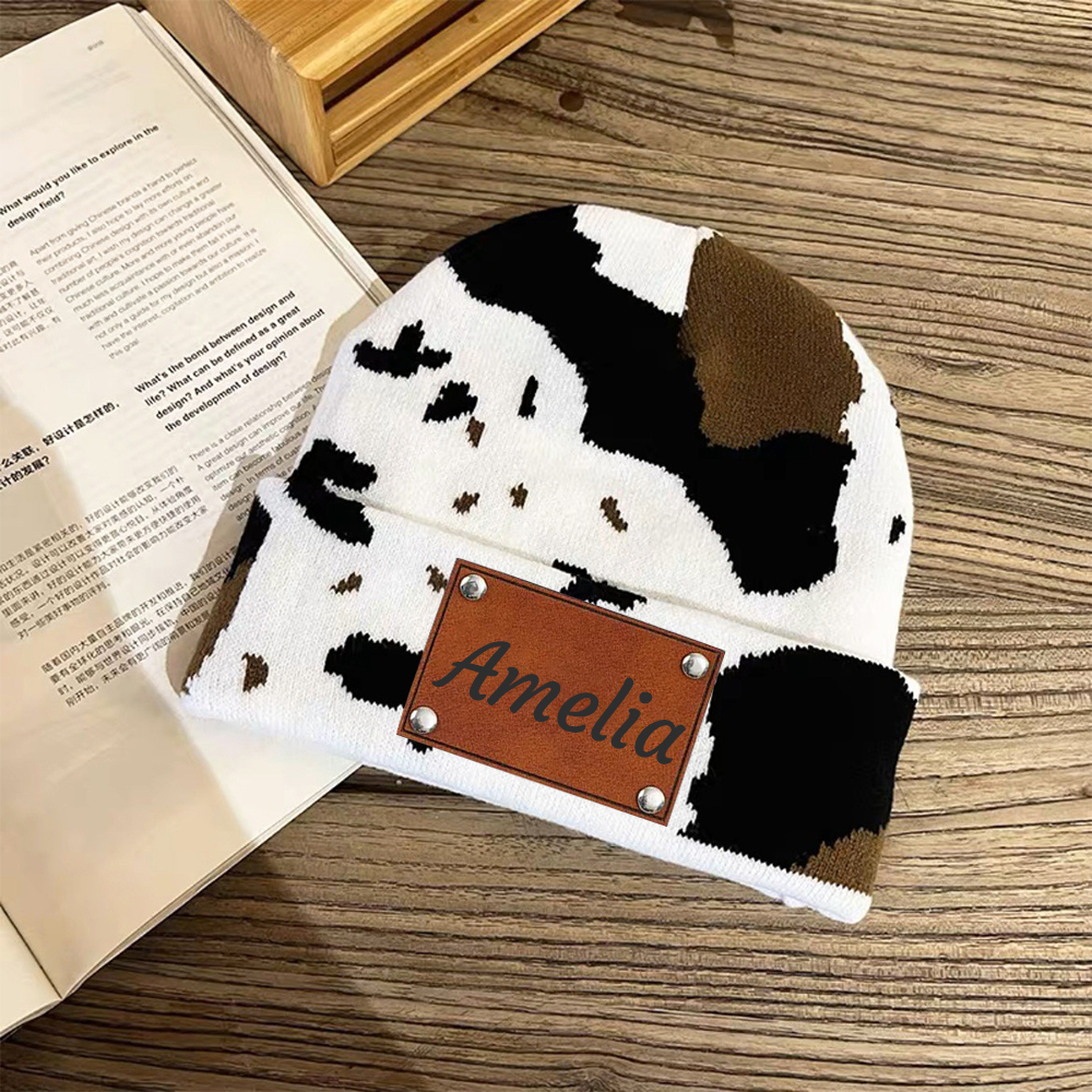 Personalized Leather Patch Cute Cow Warm Beanie | HSKid42
