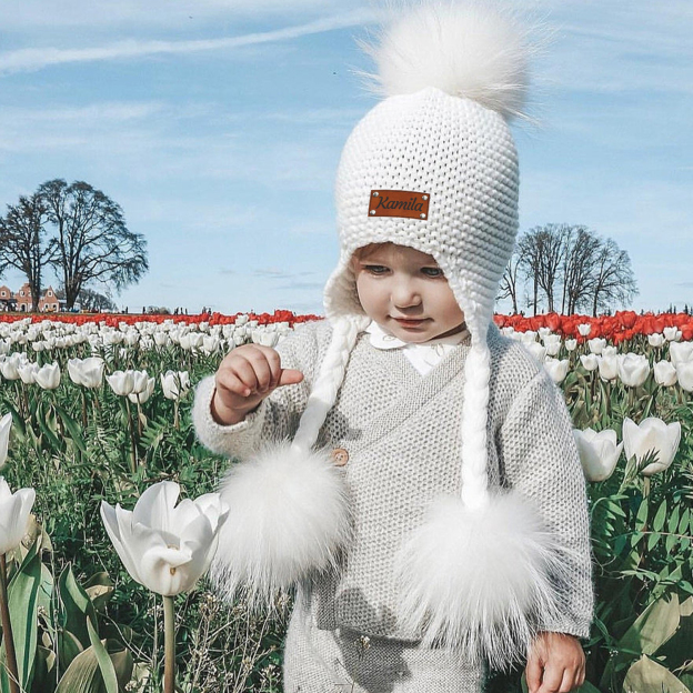 Personalized Leather Patch  Pom Pom Knit Hat With Tassels | HSKid46