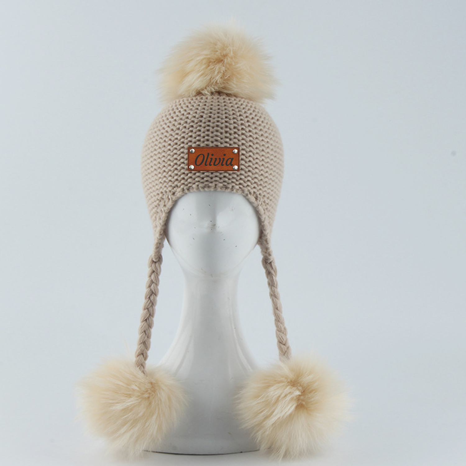 Personalized Leather Patch  Pom Pom Knit Hat With Tassels | HSKid46