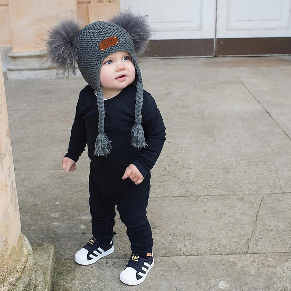 Personalized Leather Patch Pom Pom Knit Hat With Tassels | HSKid47