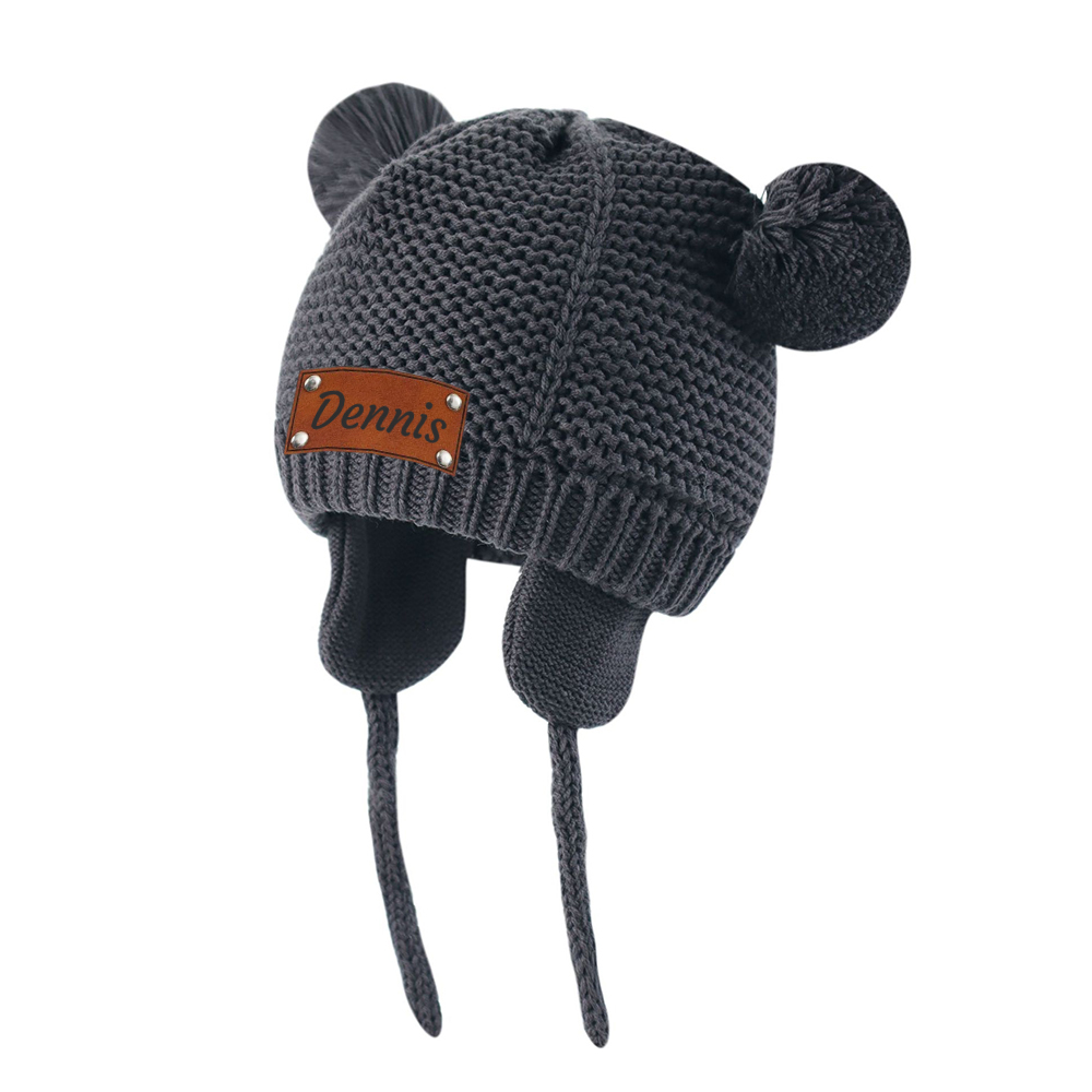 Personalized Leather Patch Pom Pom Knit Hat With Tassels | HSKid50