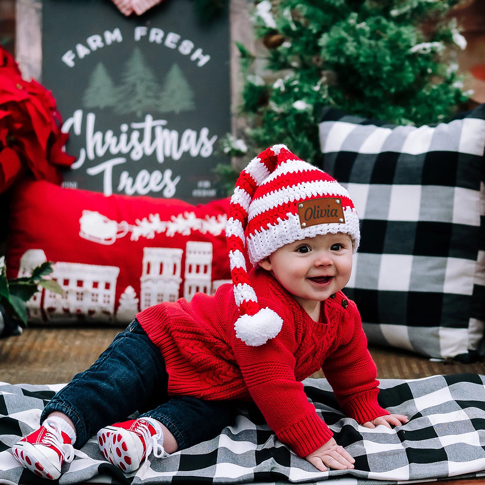 Personalized Leather Patch Christmas Long Tail Hat | MCGift89