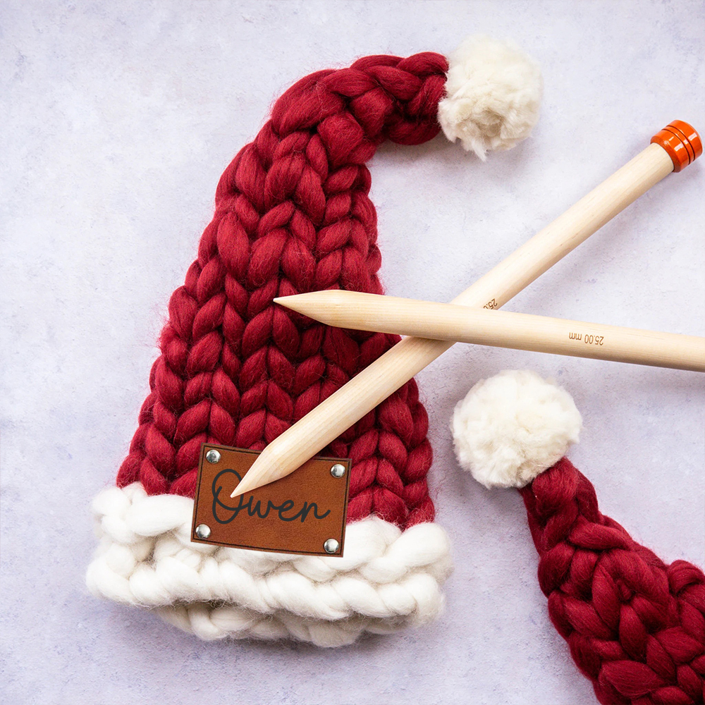 Personalized Leather Patch Chunky Knit Oversized Christmas Hat | MCGift97