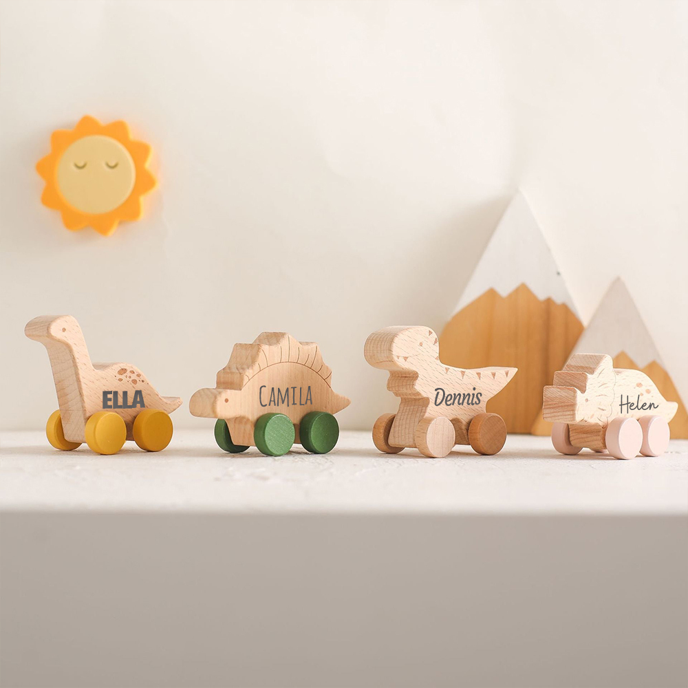 Personalized Natural Wooden Early Education Dinosaur Cars Toy Trolley | CWToy103