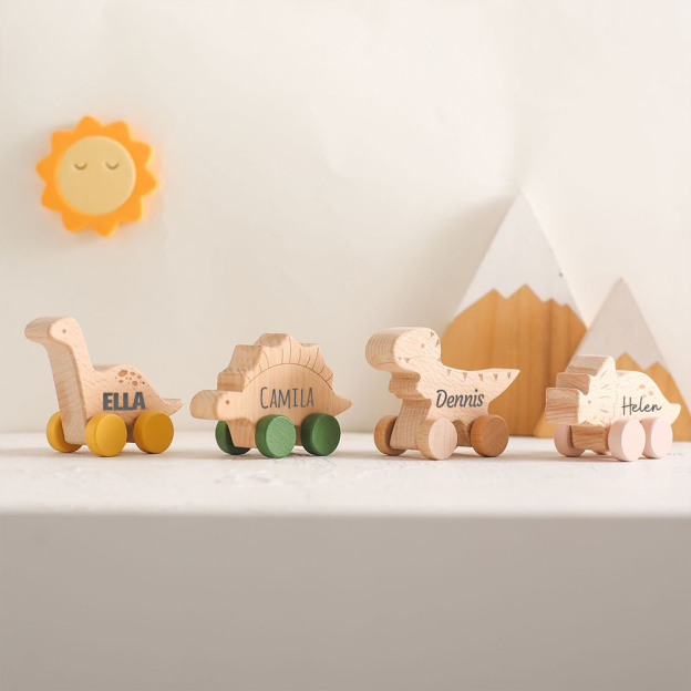 Personalized Natural Wooden Early Education Dinosaur Cars Toy Trolley | CWToy103