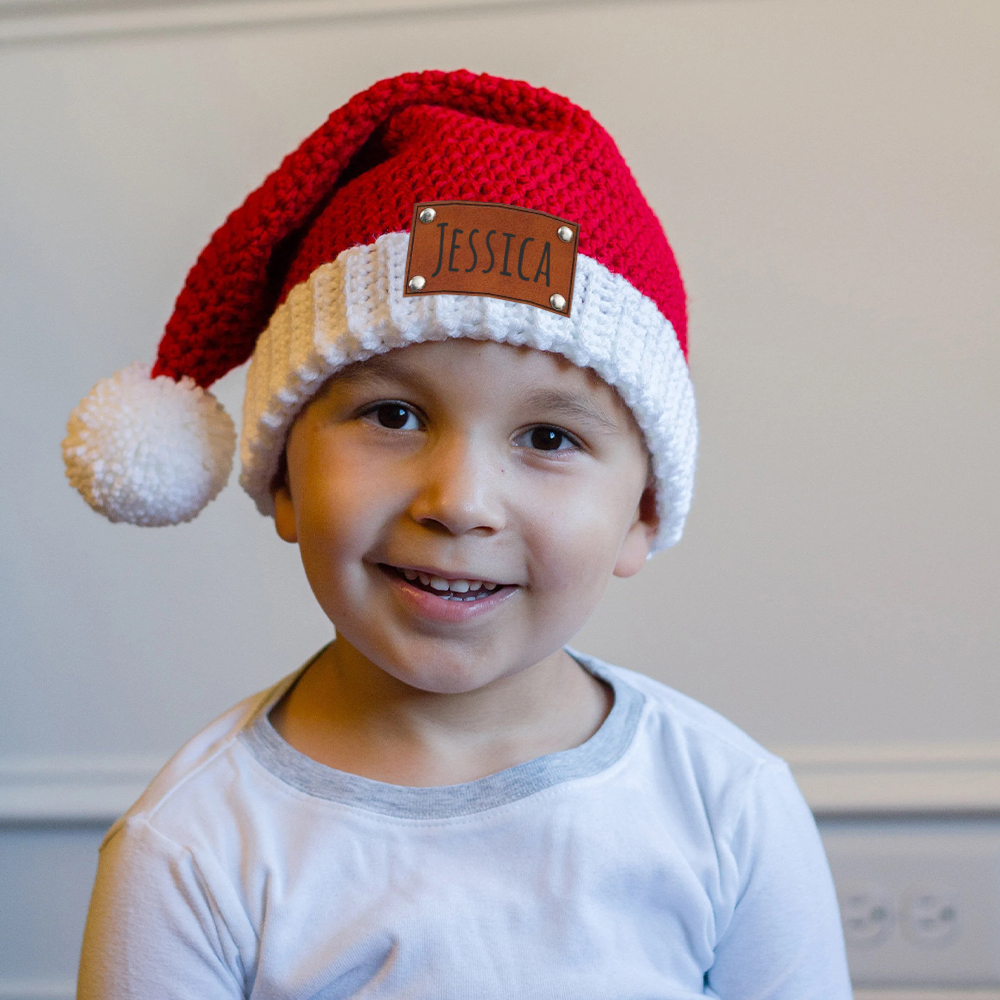 Personalized Leather Patch Crochet Christmas Santa Hat | MCGift98