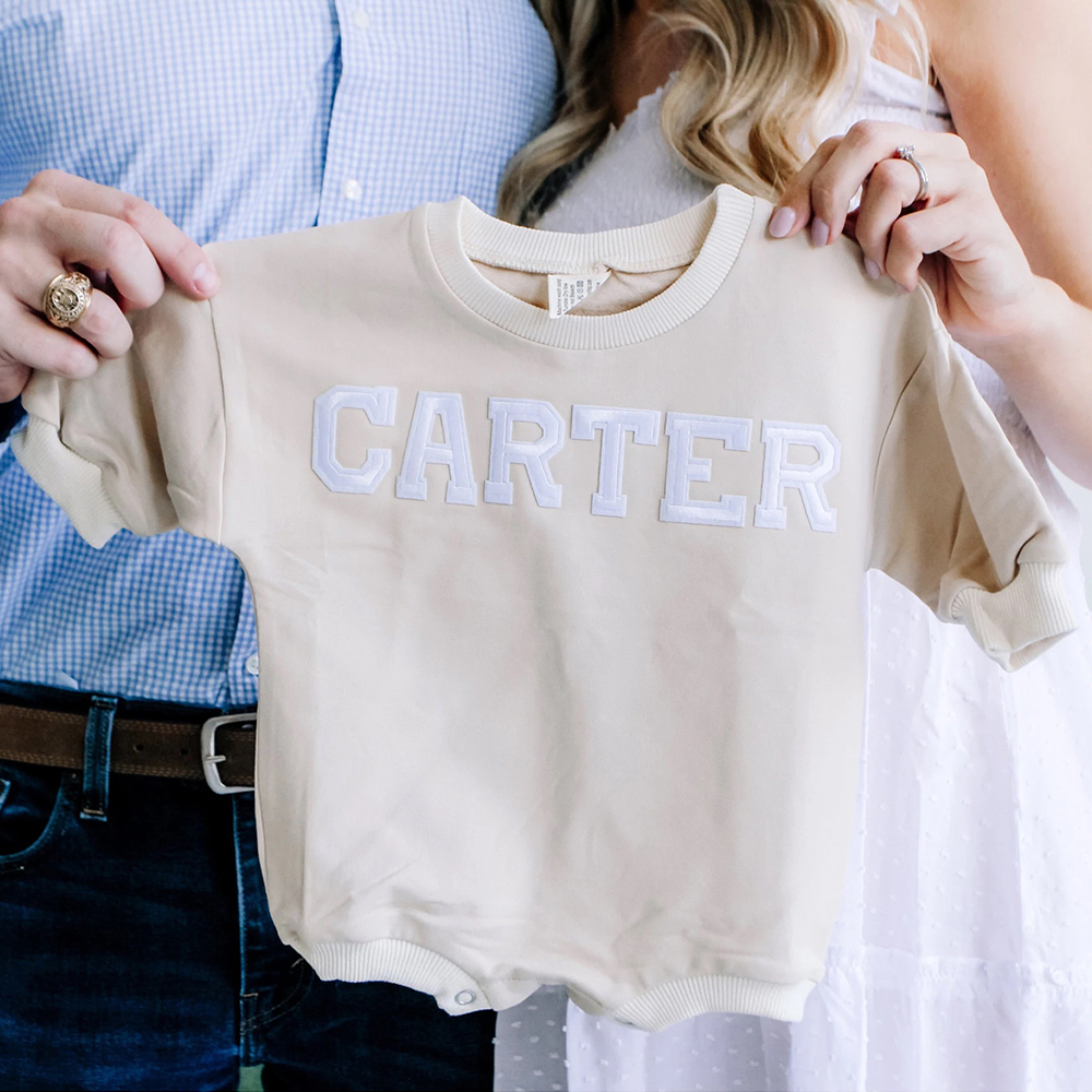 Personalized Letter Patch Neutral Baby Sweatshirt Romper | CWBaby114