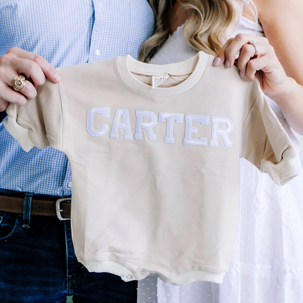 Personalized Letter Patch Neutral Baby Sweatshirt Romper | CWBaby114