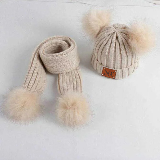Personalized Leather Patch Kid Pom Pom Hat and Scarf | HSKid0101