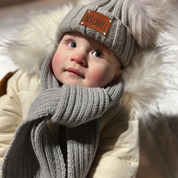 Personalized Leather Patch Kid Pom Pom Hat and Scarf | HSKid0101