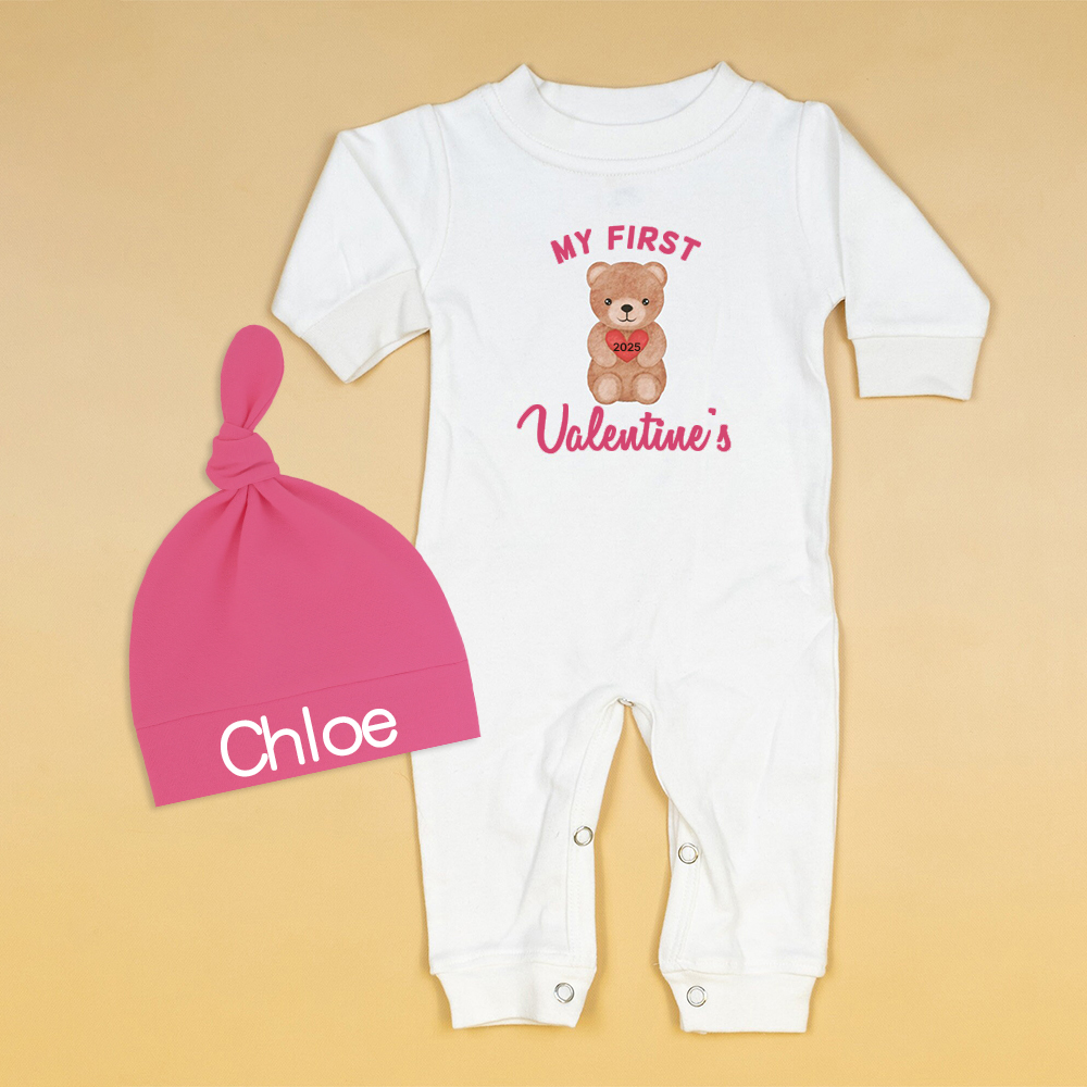 Personalized Baby First Valentine Ropmer and Hat Set | CWBaby127