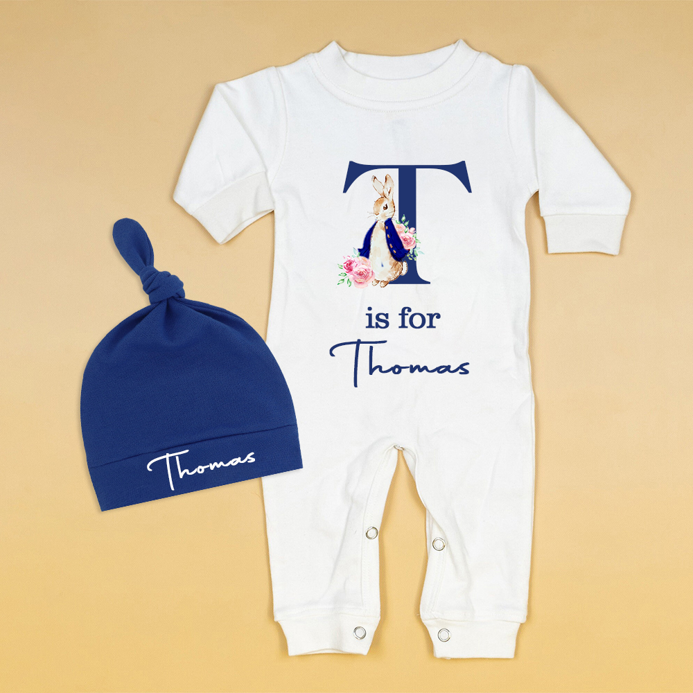 Personalized Baby Bunny Monogram Ropmer and Hat Set | CWBaby140