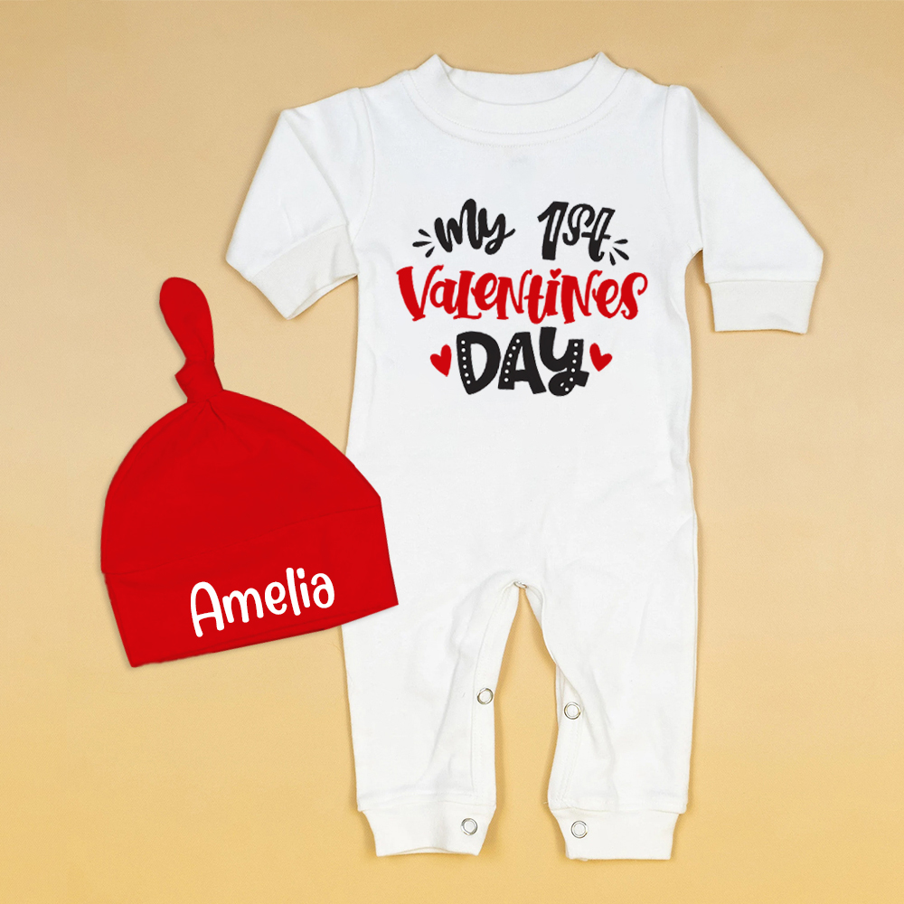 Personalized Baby First Valentine Ropmer and Hat Set | CWBaby145
