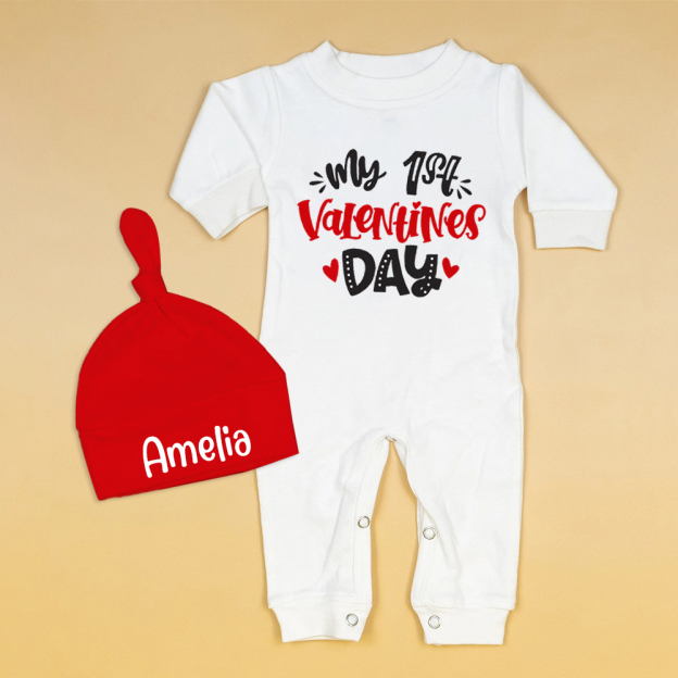 Personalized Baby First Valentine Ropmer and Hat Set | CWBaby145