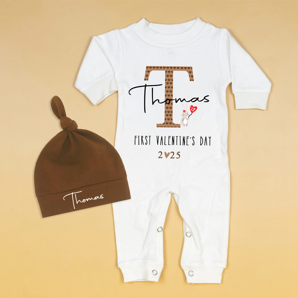 Personalized Baby First Valentine Ropmer and Hat Set | CWBaby147
