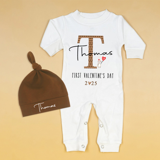 Personalized Baby First Valentine Ropmer and Hat Set | CWBaby147