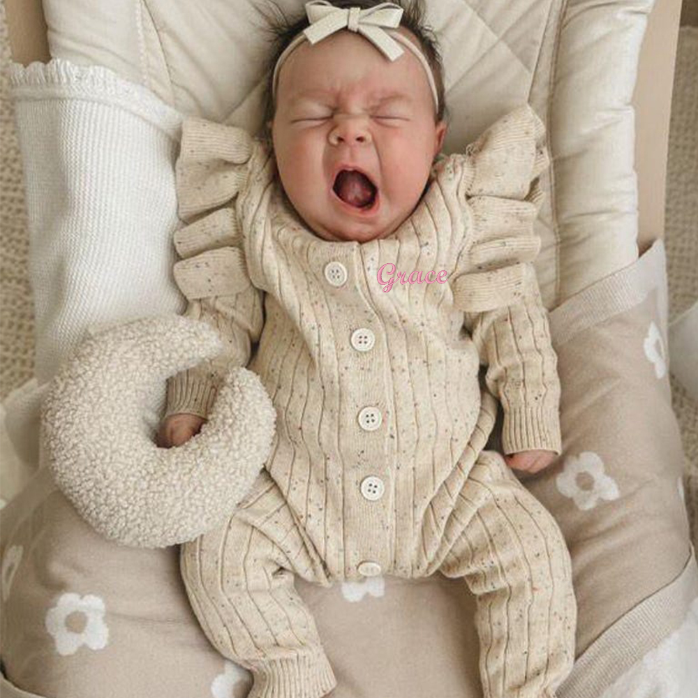 Personalised Embroidery Baby Ruffle Knit Romper | CWBaby149