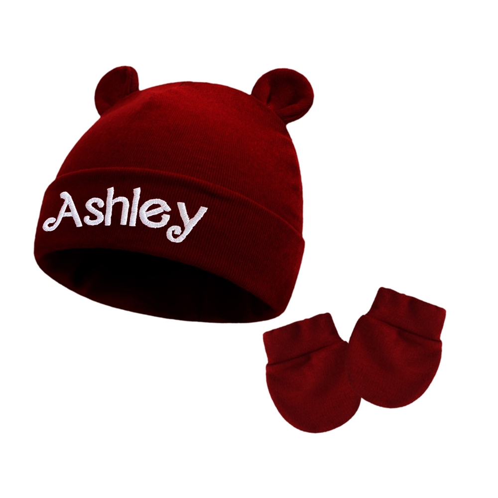 Personalized Embroidery Bear Newborn Homecoming Hat and Gloves Set | HSKid56