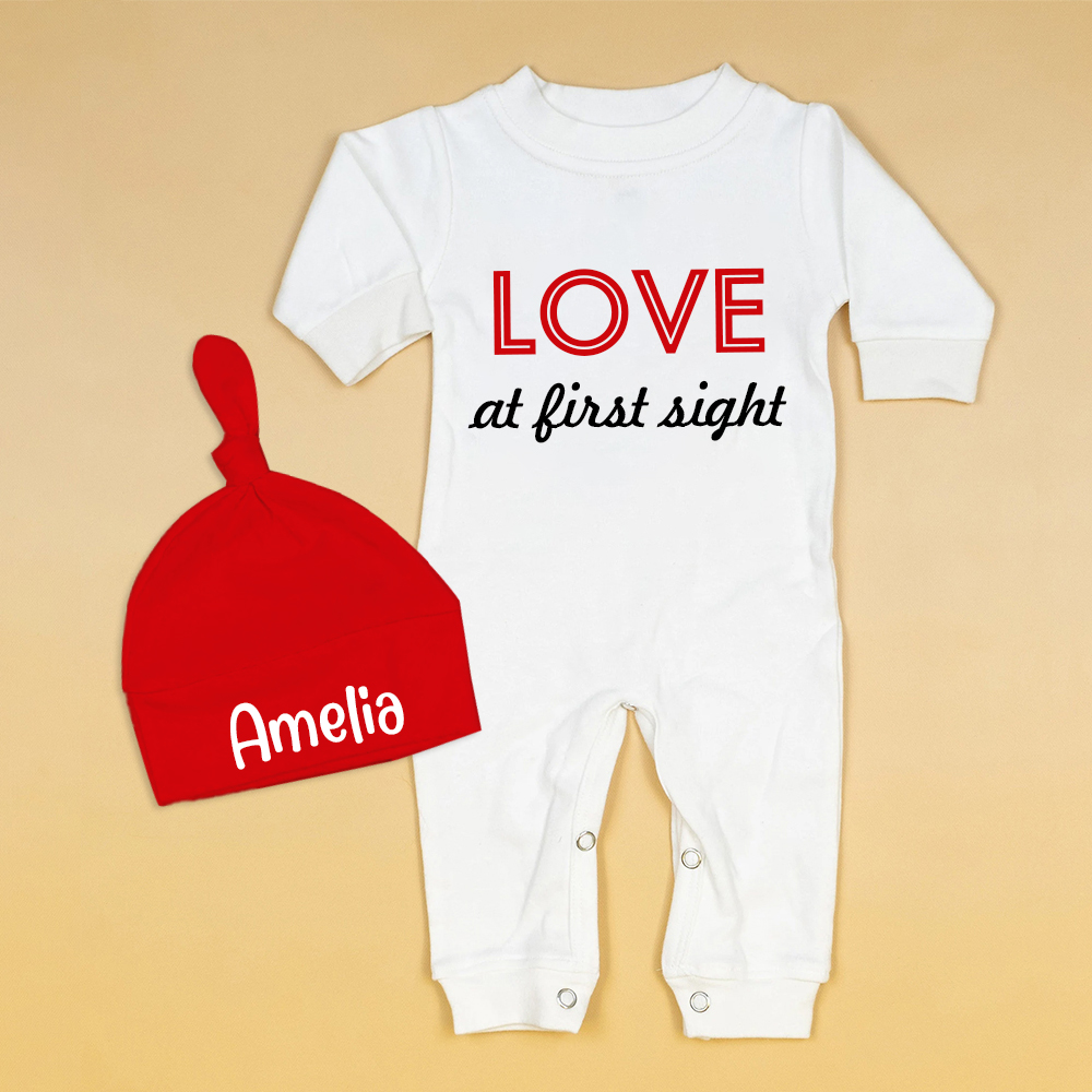 Personalized Baby First Valentine Ropmer and Hat Set | CWBaby146
