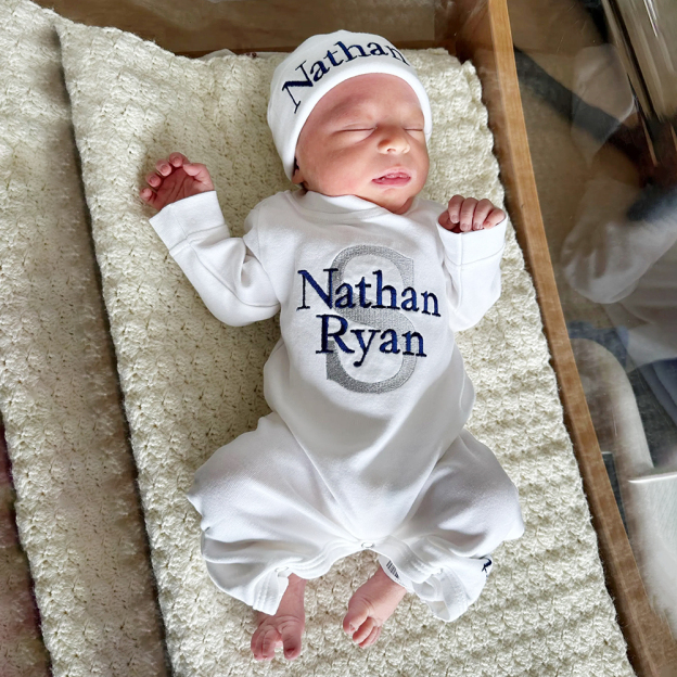 Personalized Embroidery Monograms Baby Coming Home Ropmer and Hat Set | CWBaby160