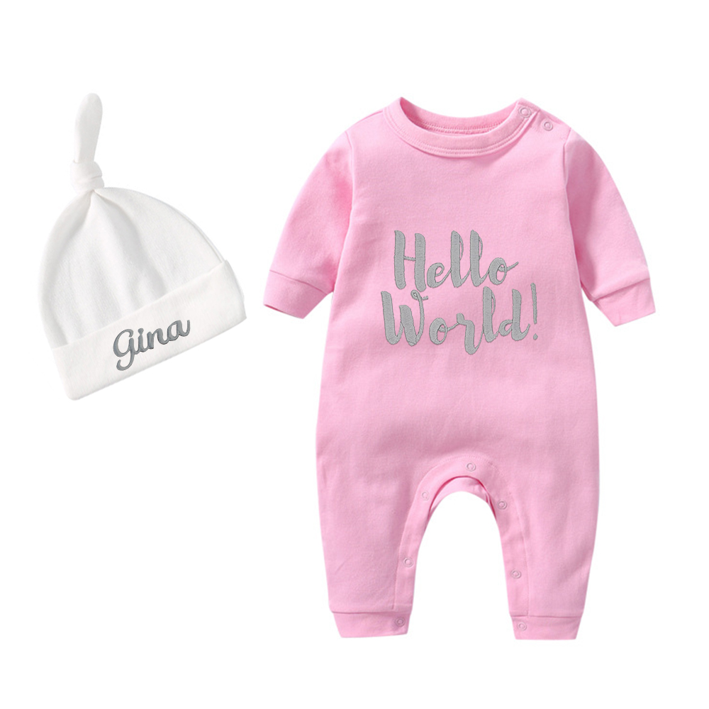 Personalized Embroidery Hello World Baby Coming Home  Romper and Hat Set | CWBaby161