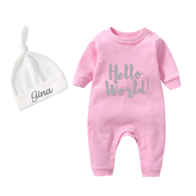 Personalized Embroidery Hello World Baby Coming Home  Romper and Hat Set | CWBaby161
