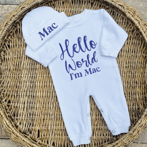 Personalized Embroidered Baby Hello World Romper and Hat Set | CWBaby166