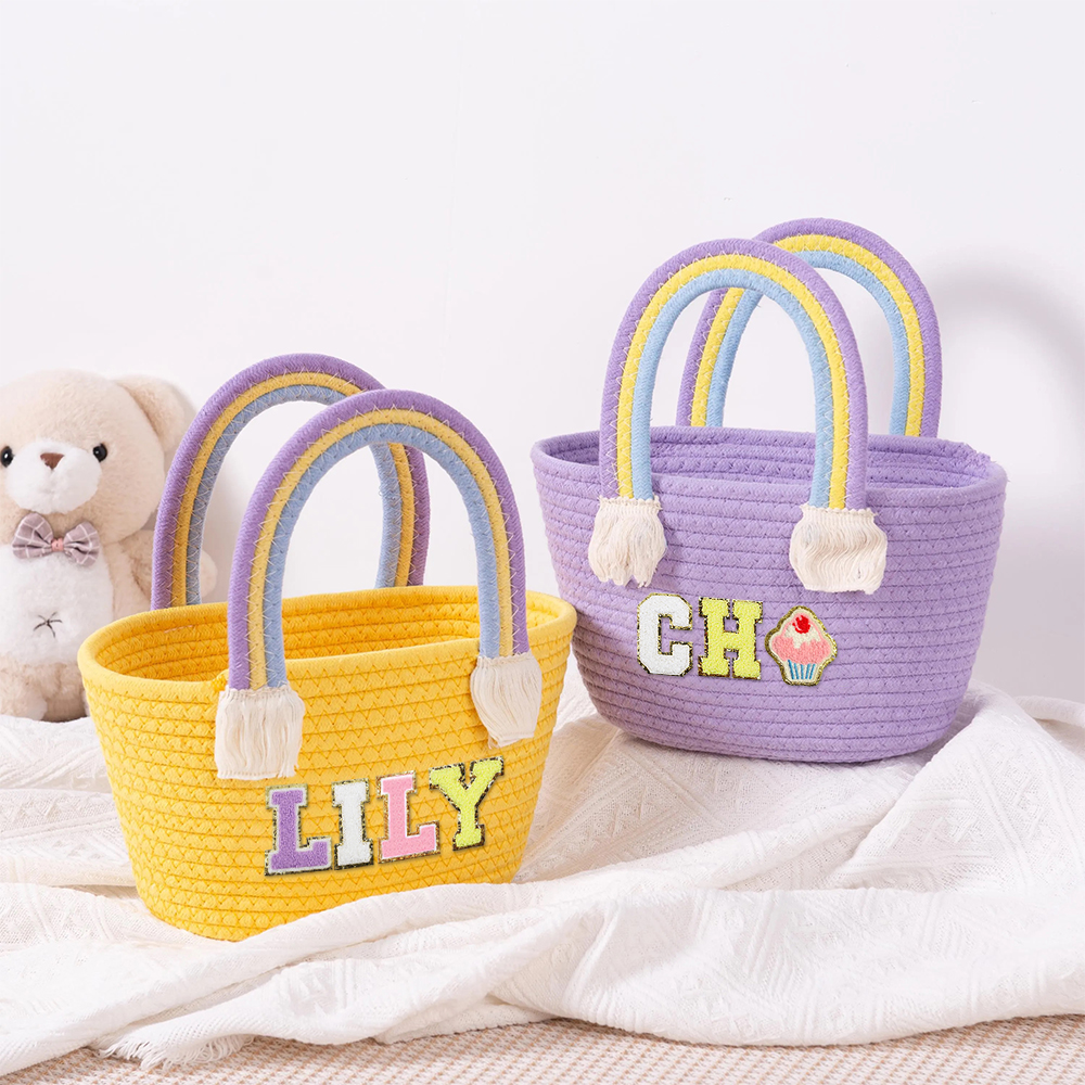 Personalized Kids Chenille Patch Cotton Rope Woven Tote Bag | CWBeach15401