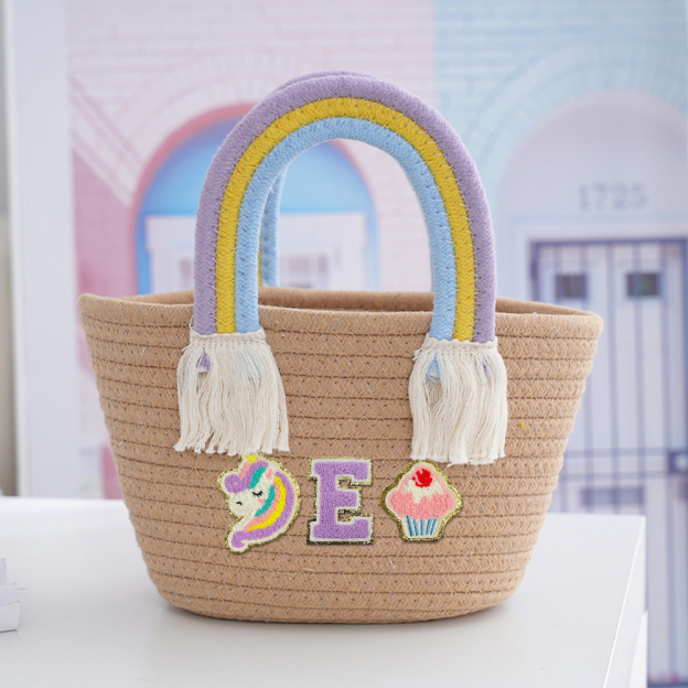 Personalized Kids Chenille Patch Cotton Rope Woven Tote Bag | CWBeach15401
