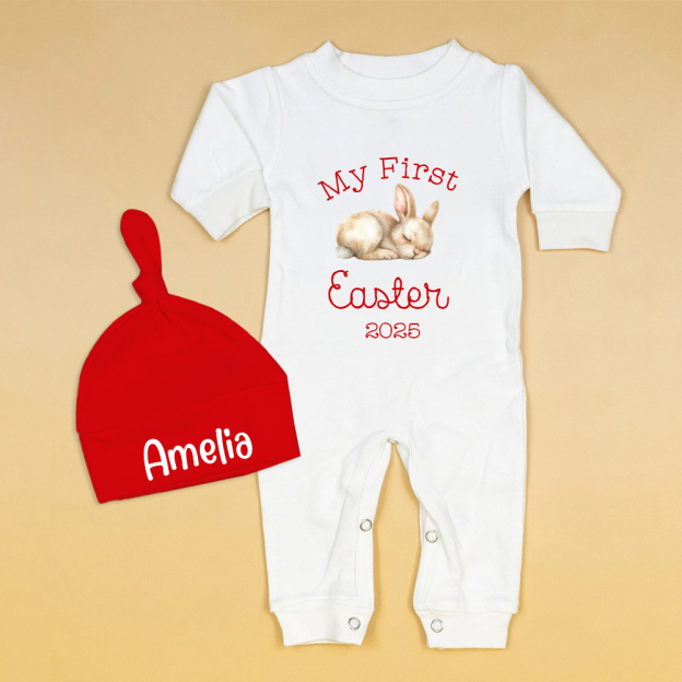 Personalized Baby First Easter Bunny Ropmer and Hat Set | CWBaby183