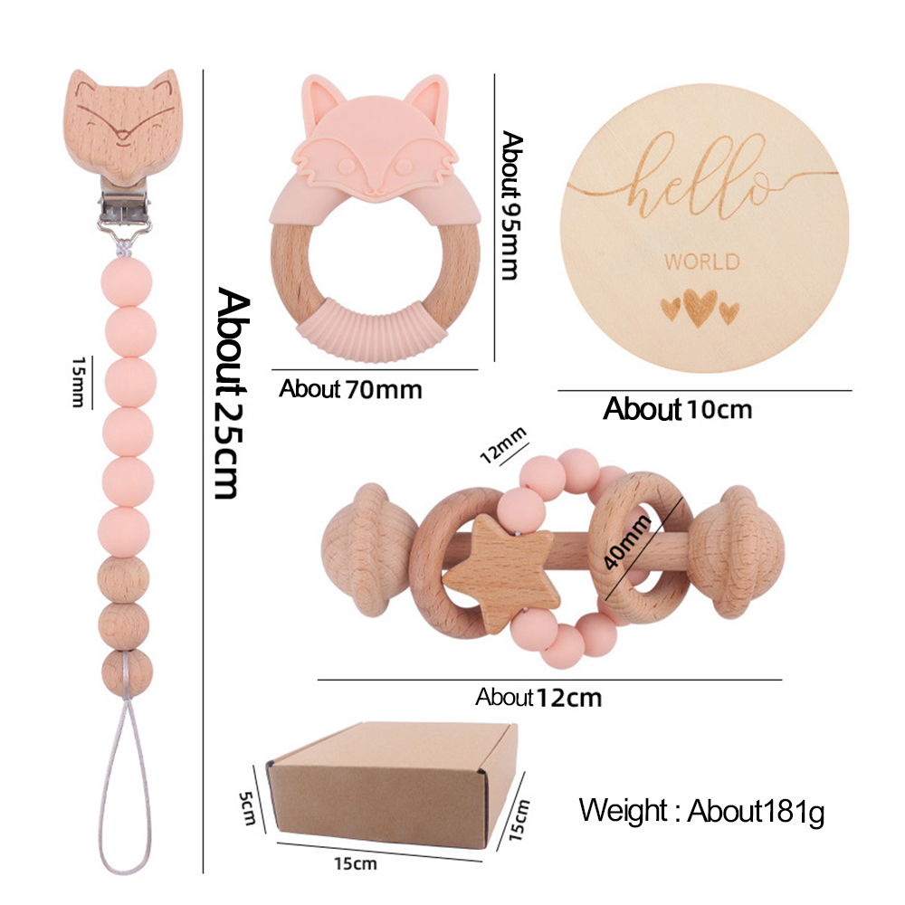 Personalized Baby Wooden Fox Pacifier Clip 4 Pcs Gift Set | CWBaby113