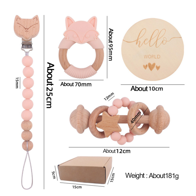 Personalized Baby Wooden Fox Pacifier Clip 4 Pcs Gift Set | CWBaby113