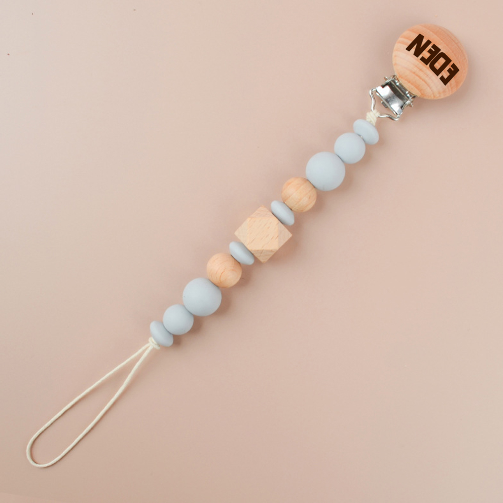 Personalized Baby Pacifier Silicone Wooden Bead Clip | CWBaby115