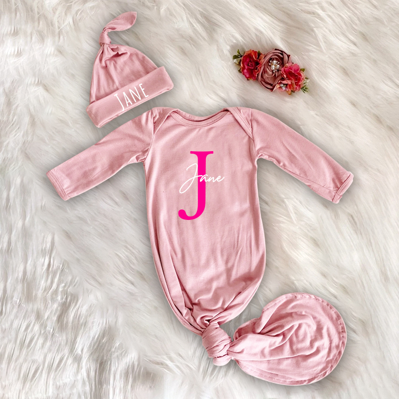 Personalized Cozy Newborn Gown with Knotted Hat | CWbaby33