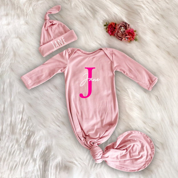 Personalized Cozy Newborn Gown with Knotted Hat | CWbaby33