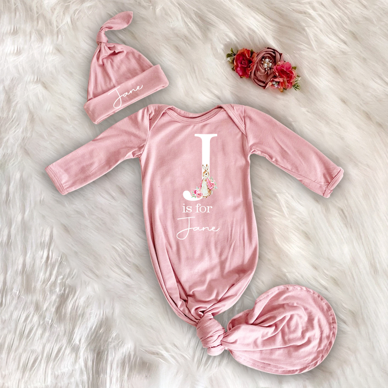 Personalized Cozy Newborn Easter Gown with Knotted Hat | CWbaby39