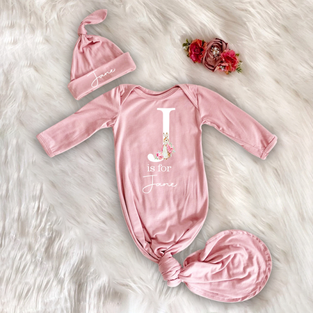 Personalized Cozy Newborn Easter Gown with Knotted Hat | CWbaby39