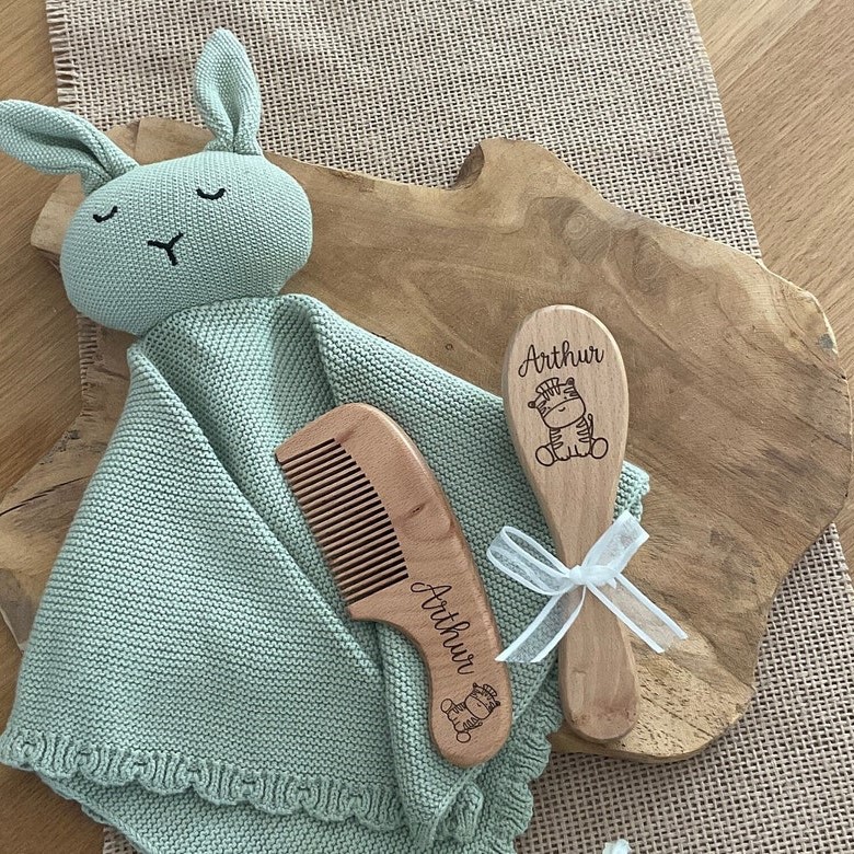 Personalised Baby Cute Pattern Soft Wooden Hair Brush Set | CWBaby88
