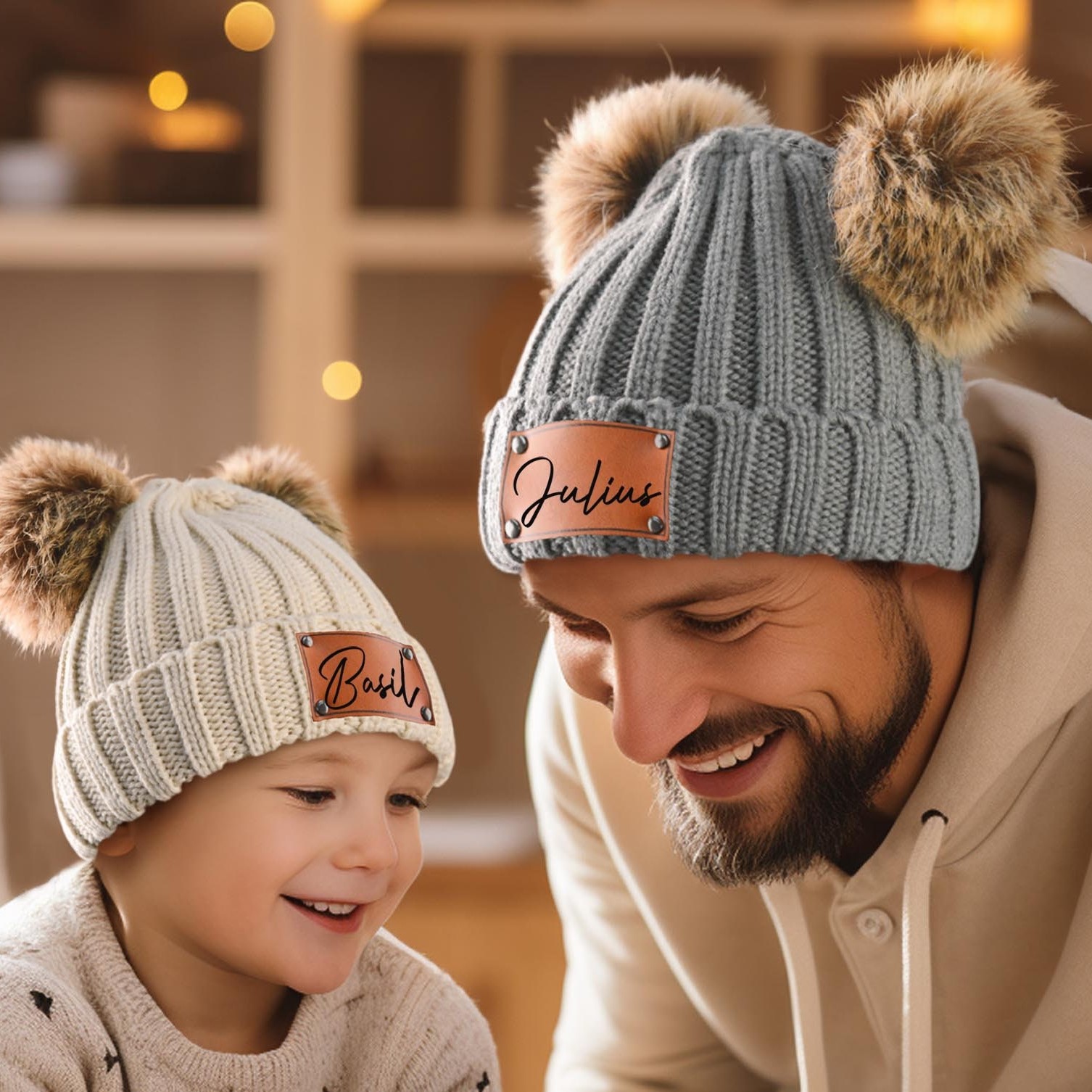 Personalized Leather Patch Pom Pom Hat for Comfort & Unique | HSKid26