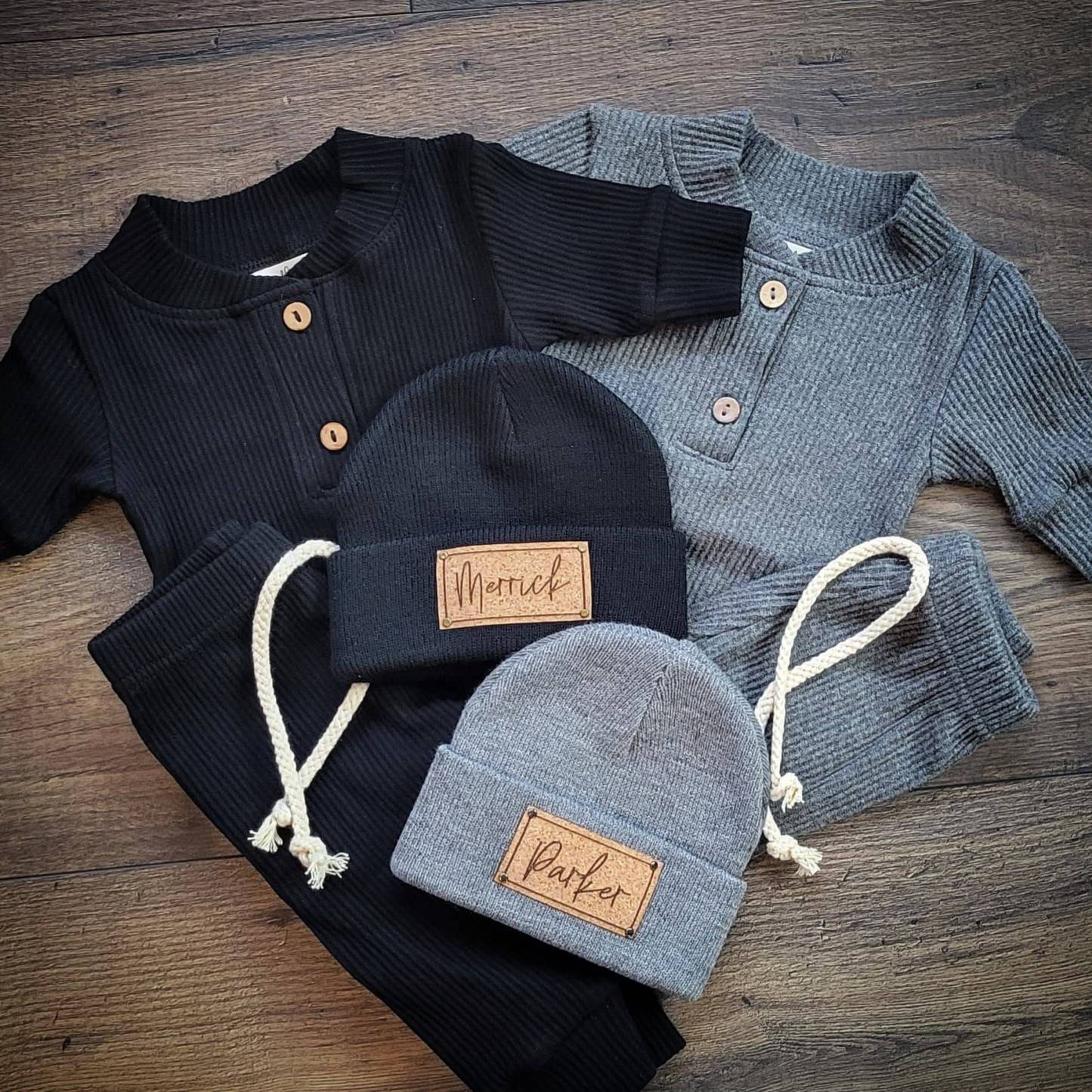 Personalized Leather Patch Baby Beanie Outfit Set | CWBaby84